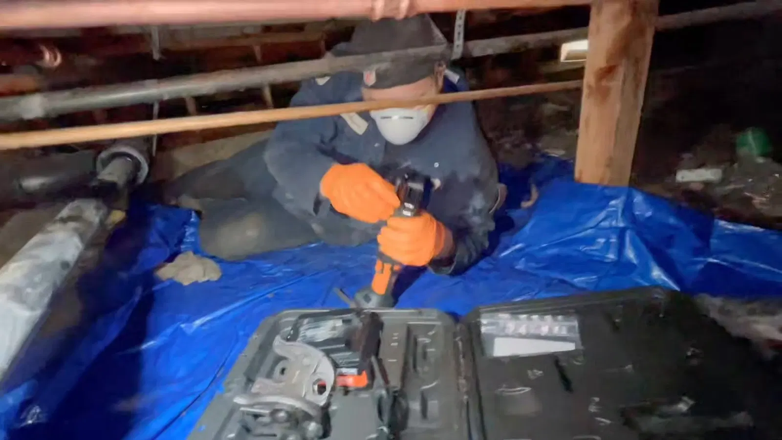 Crawl space leak repair showing pipe slope detail