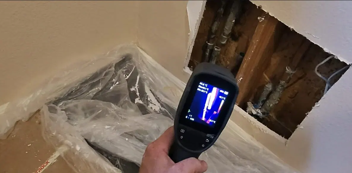 Close view of suspected leak area for plumbing leak detection