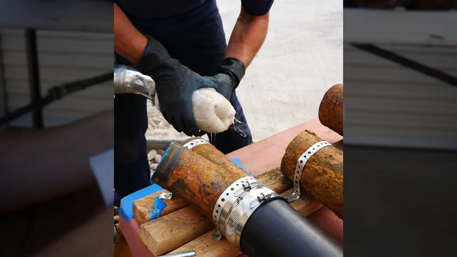 Close view of repair work area for sewer repair options
