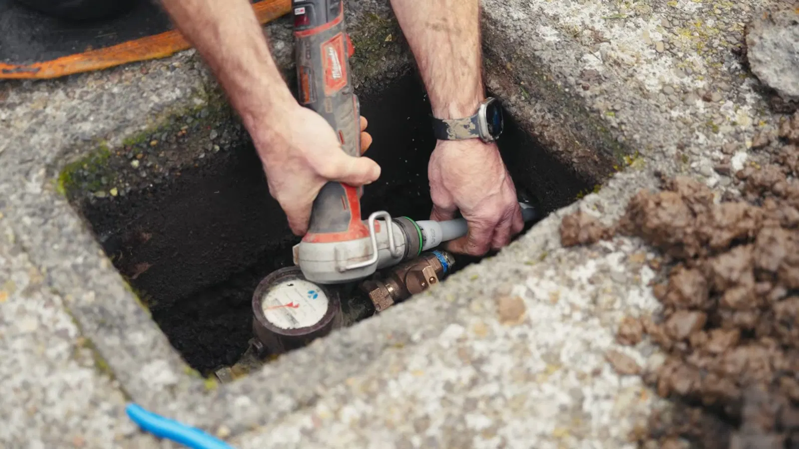 Underground Sewer Water Line Repair Corroded Pipe Section Underground sewer water line repair with focus on corroded pipe section