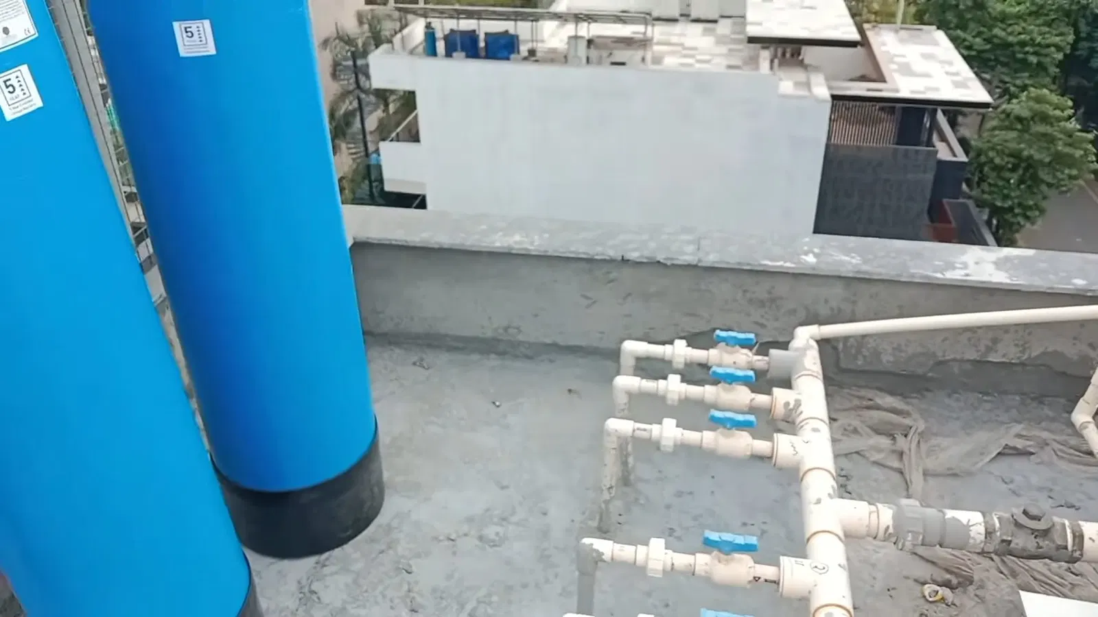 Water softener installation showing overflow line