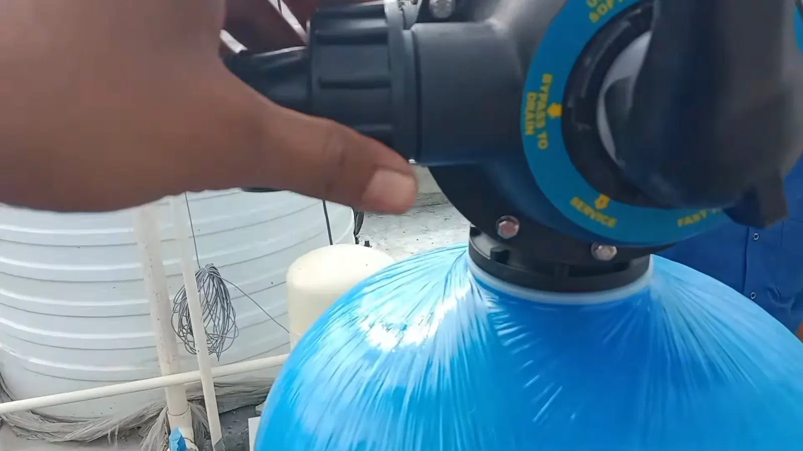 Water softener installation with focus on work area