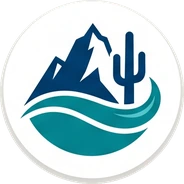 Plumbing Pros Cave Creek emblem: a navy peak, saguaro and teal creek wave in a white disc